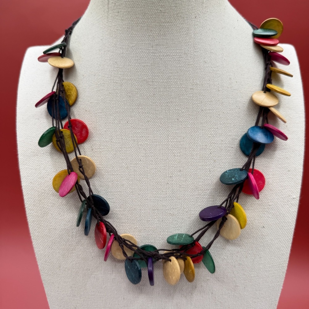 Multicolor Disc Bead Multi Strand Necklace Boho Festival Statement Colorful